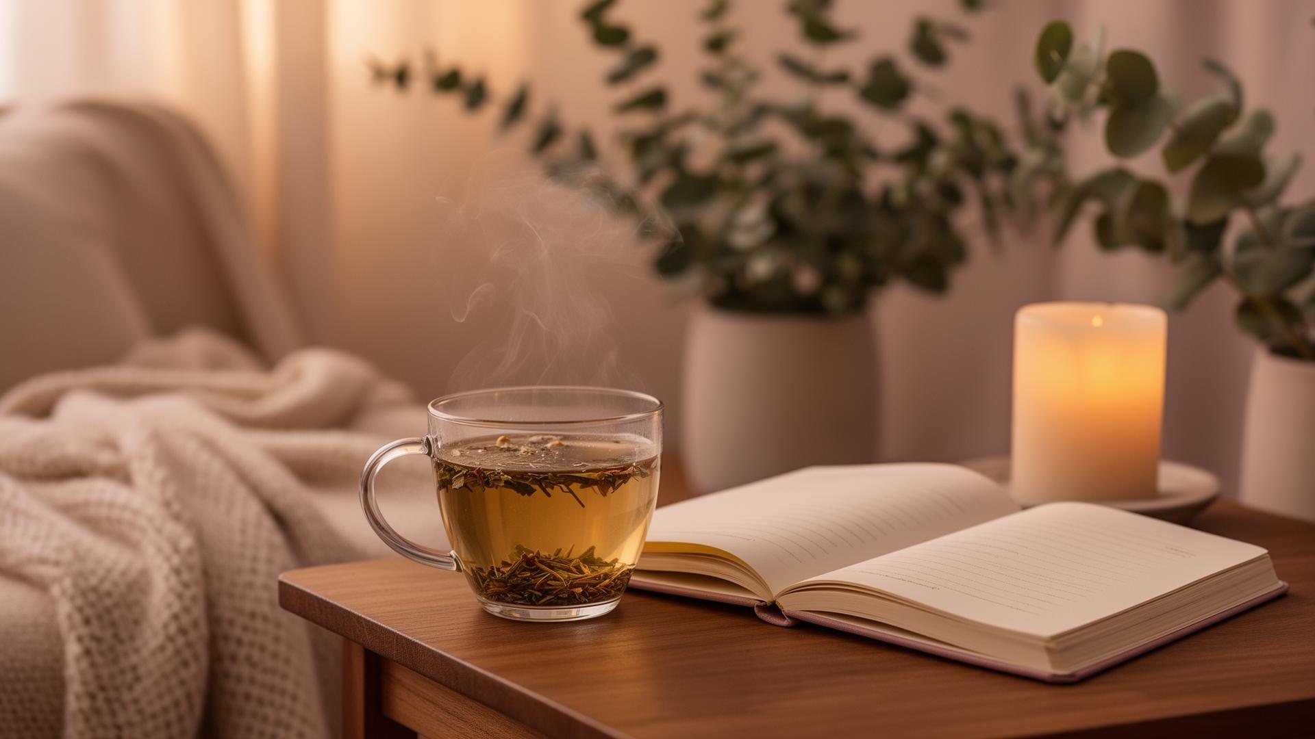 A cozy quiet space with tea, candle, and journal